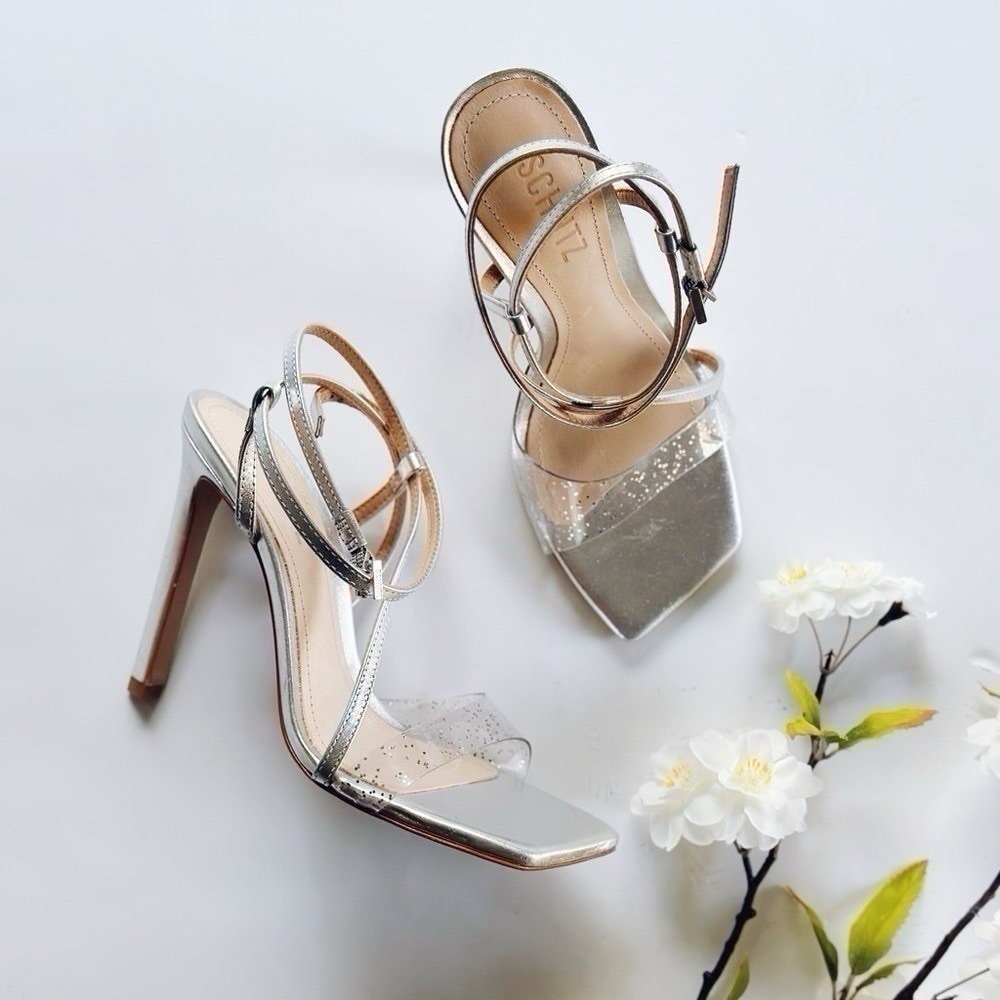 Schutz Aisha Metallic Ankle-Strap Sandals Crystal Prata Silver